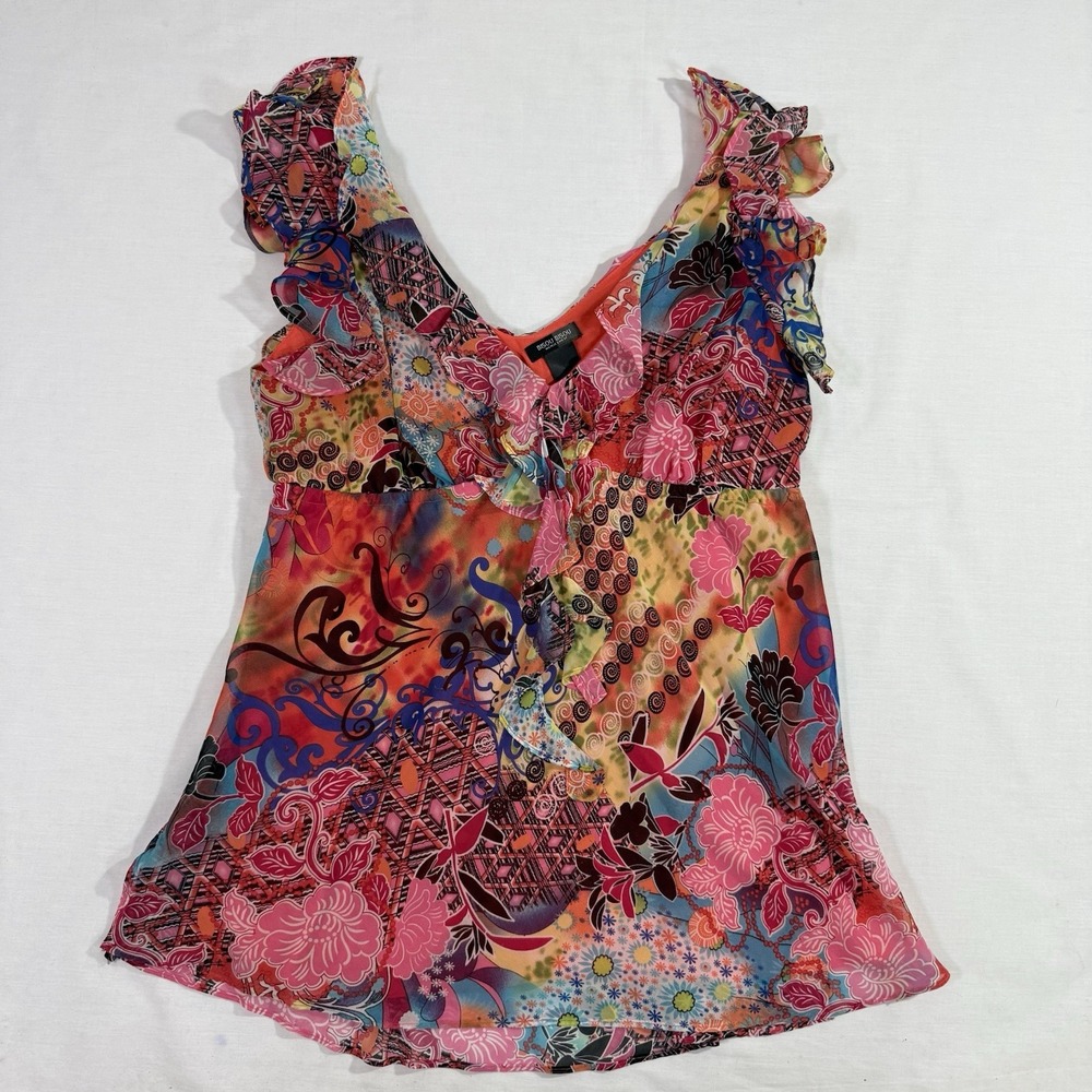 Vtg 90s Y2K Bisou Bisou Floral Print Style Pink Colorful Ruffled Sz L Blouse